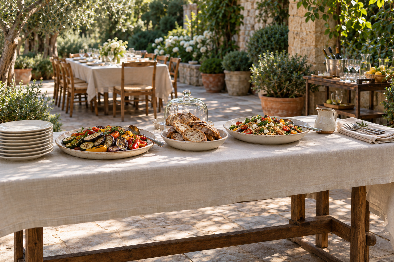 Garden party buffet table with roasted vegetables, bread, grain salad and stacked plates on ivory linen, with outdoor dining behind it.