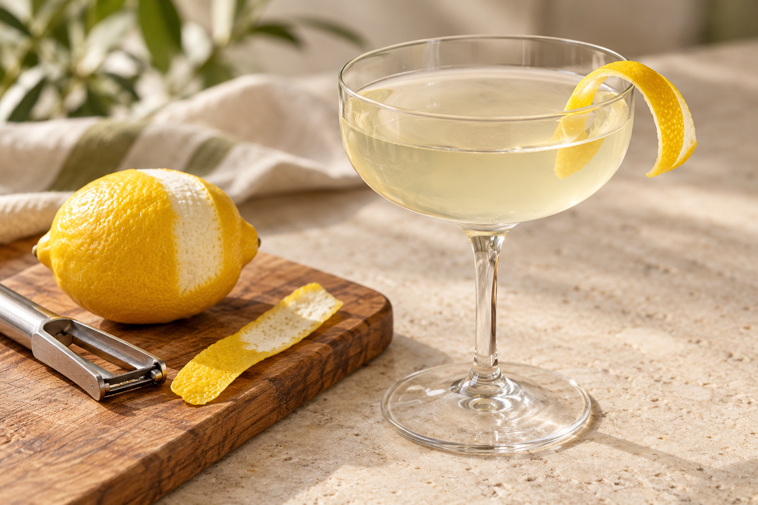 How to Make a Lemon Twist Garnish graphic featuring a lemon-garnished coupe, fresh lemon and peeler, with Set It Pretty branding.