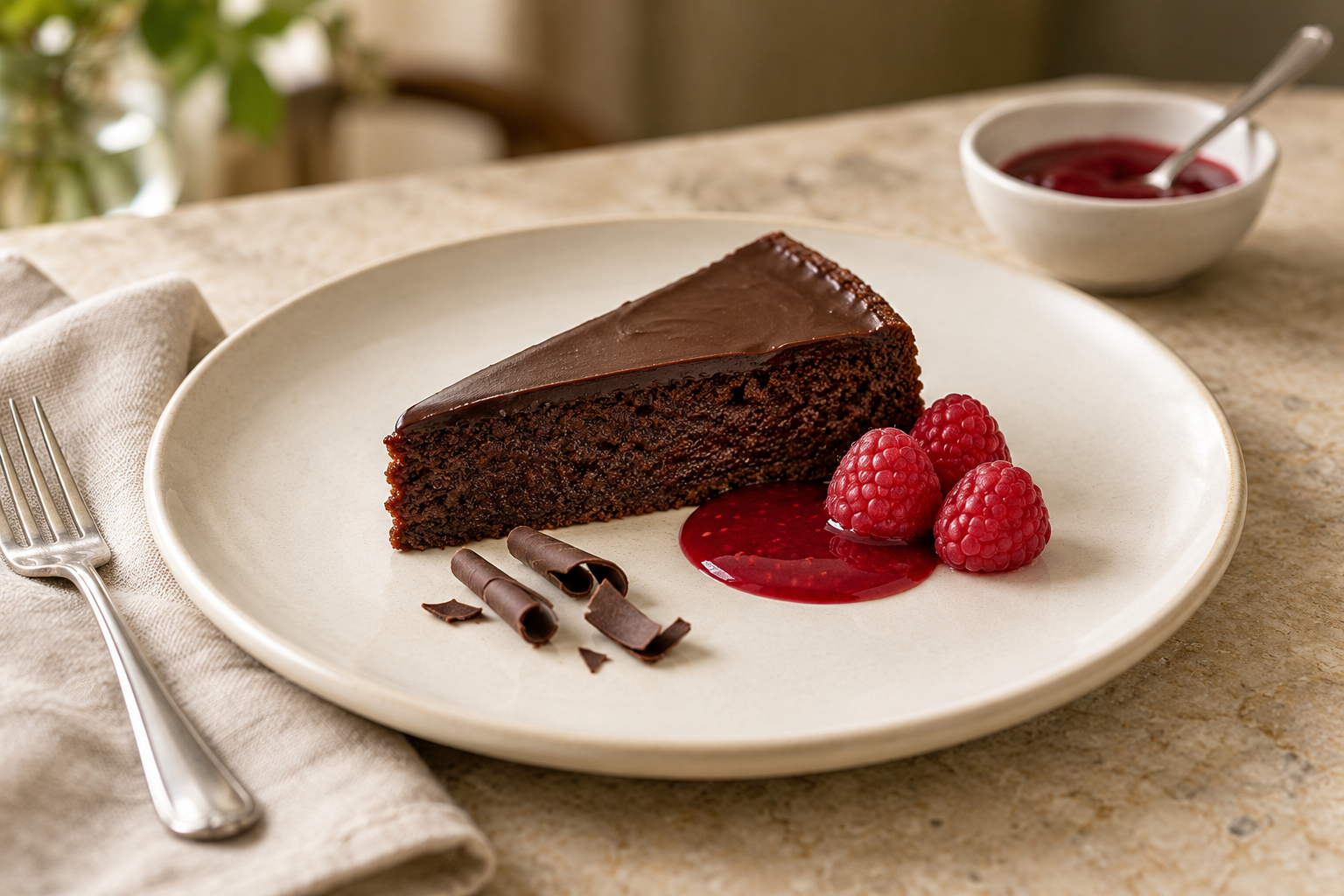 Dessert Plating Ideas pin showing chocolate cake with raspberry sauce, fresh berries and chocolate curls, with Set It Pretty branding.