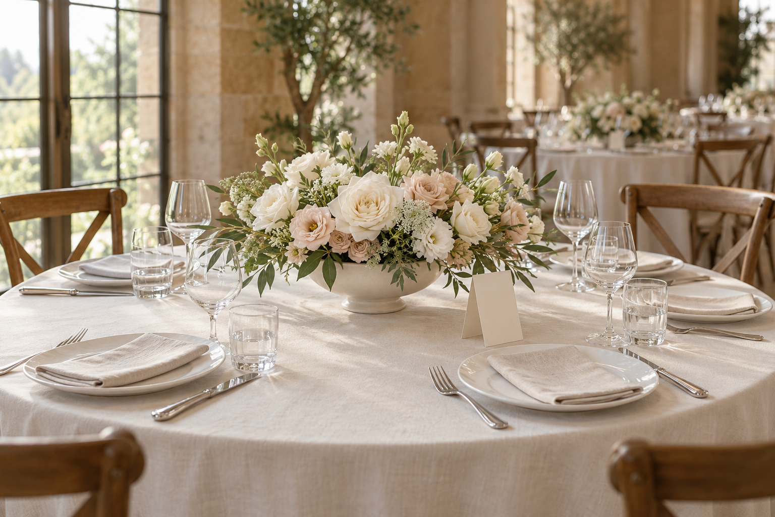 Low wedding table centerpiece with ivory and blush flowers, olive foliage and white place settings on a round linen-covered reception table.
