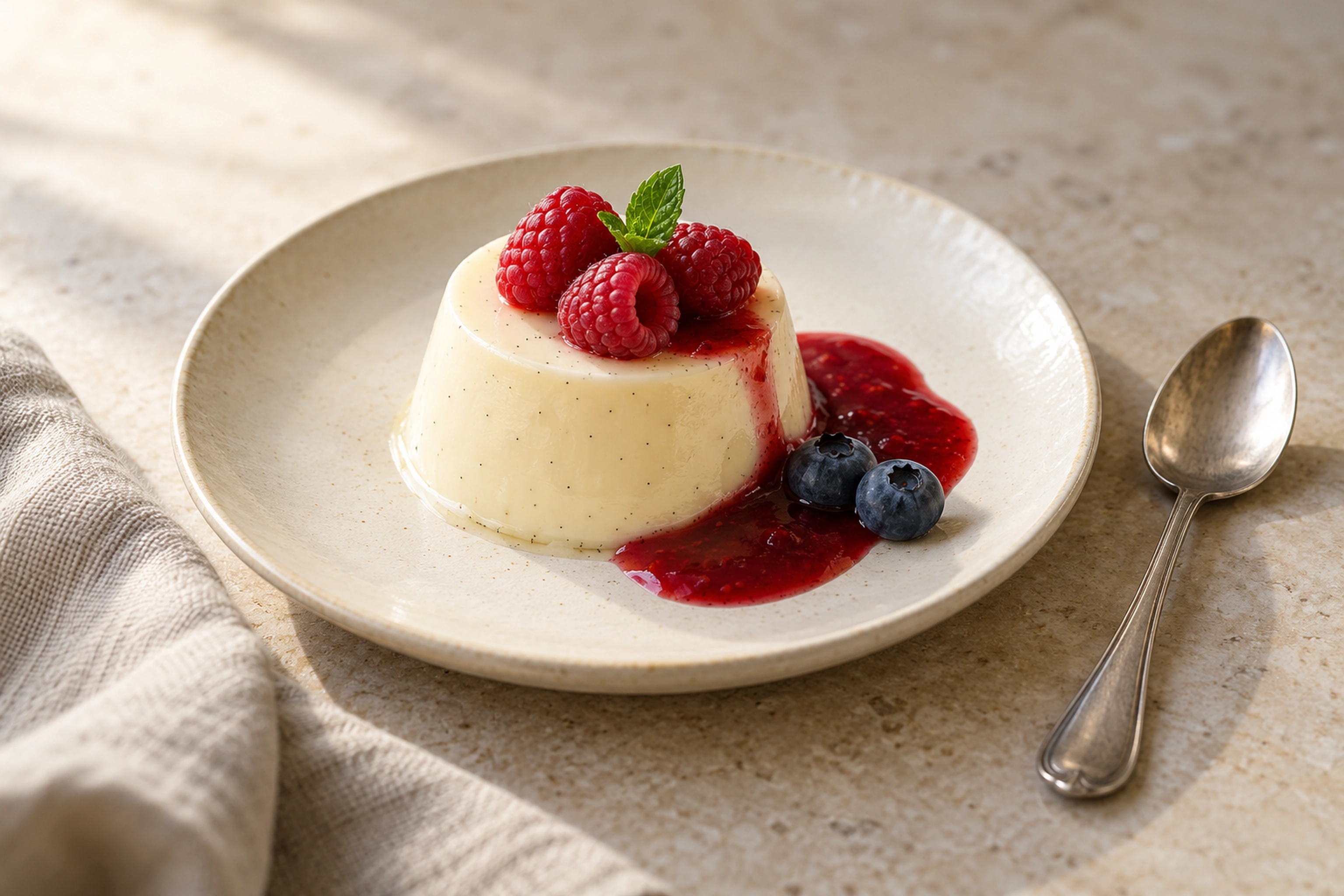 Vanilla panna cotta with raspberries, blueberries, mint and red berry sauce on a pale ceramic plate.