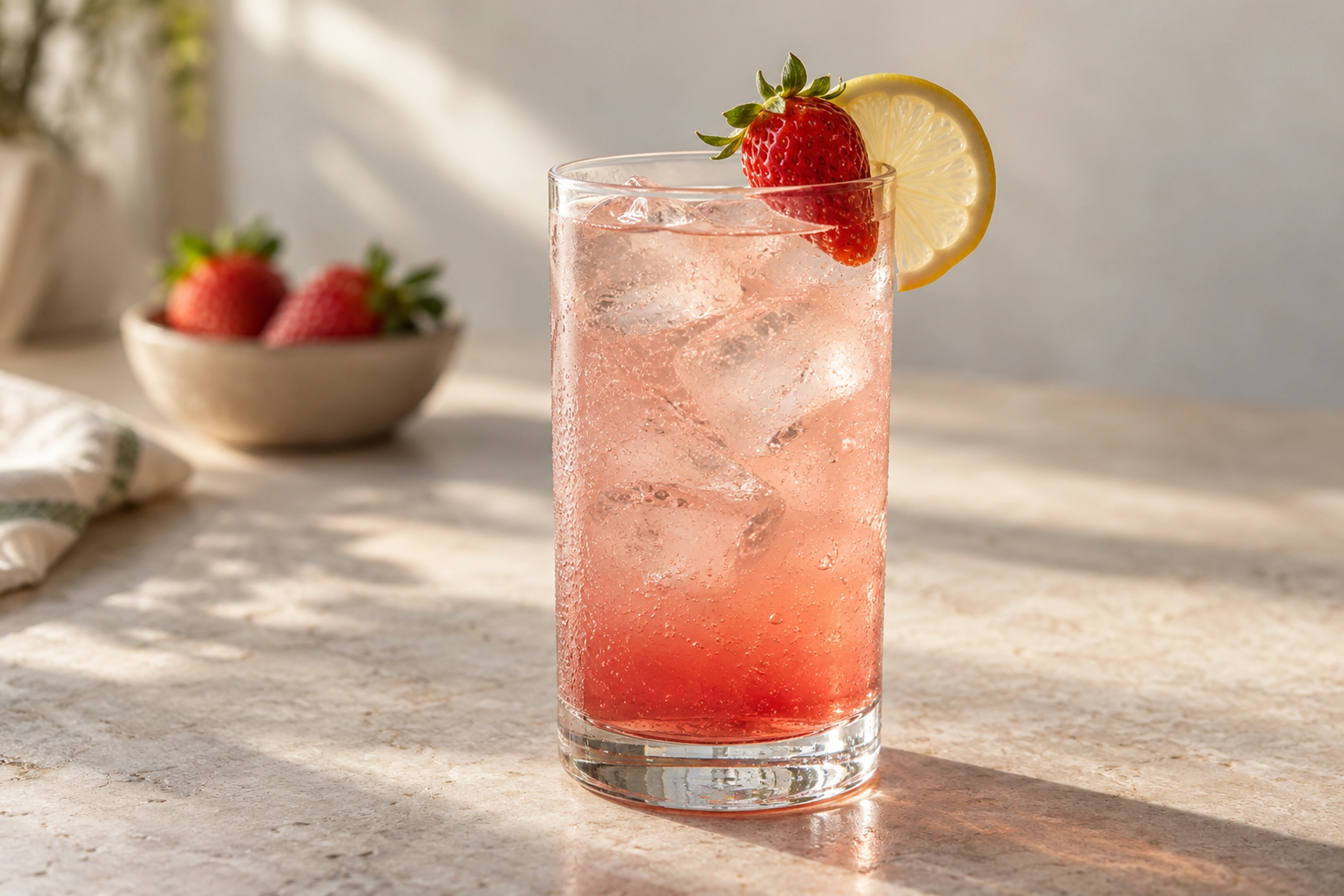 Clear highball glass with pink drink and ice, a whole strawberry and round lemon slice at the rim.