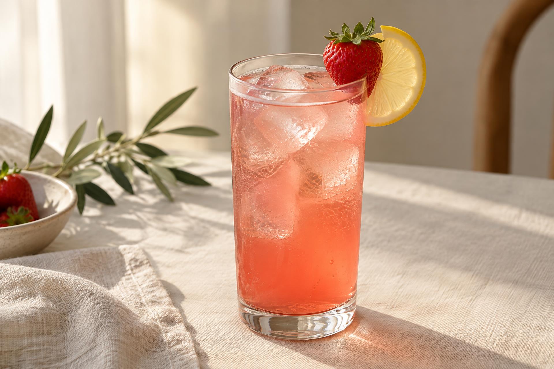 Clear highball glass with pink drink and ice, a whole strawberry and round lemon slice at the rim.