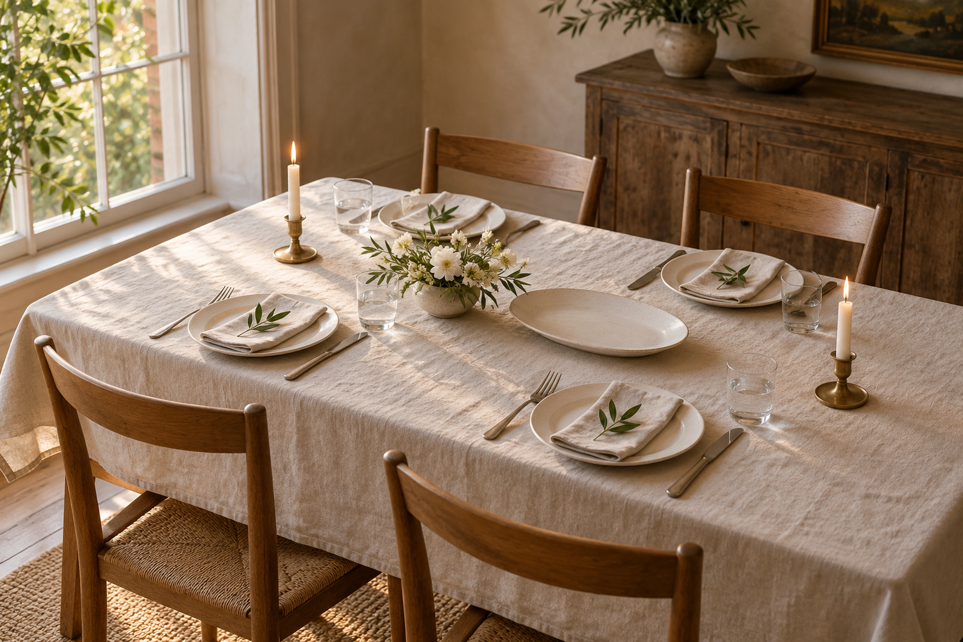 Linen-covered table with five visible ivory plate settings, olive-sprig napkins, water glasses, low white flowers and two brass candleholders.