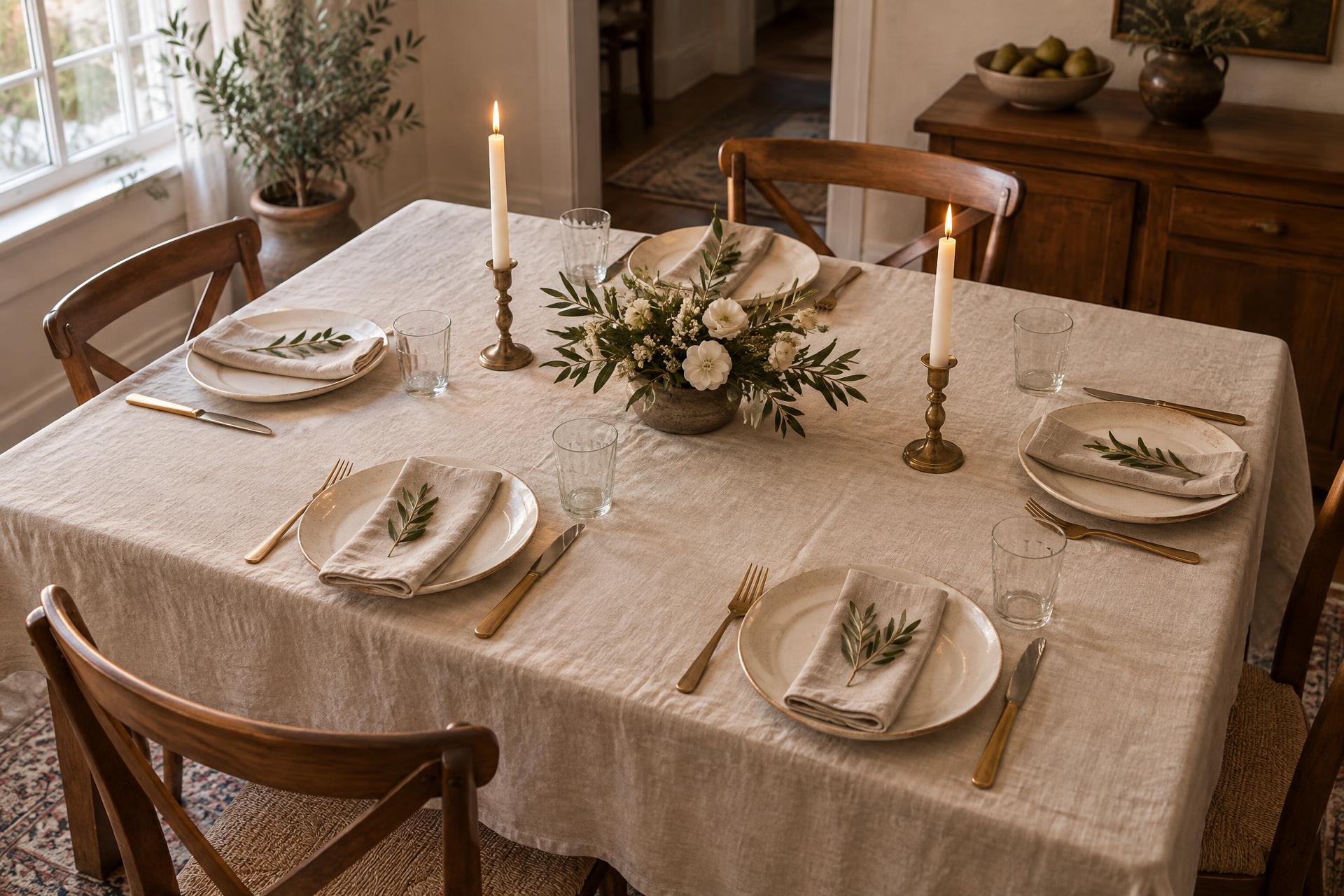 Linen-covered table with five visible ivory plate settings, olive-sprig napkins, water glasses, low white flowers and two brass candleholders.